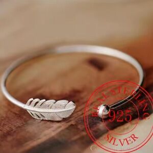 925 Sterling Silver Angel Feather Cuff Bracelet | Adjustable Lucky Bangle